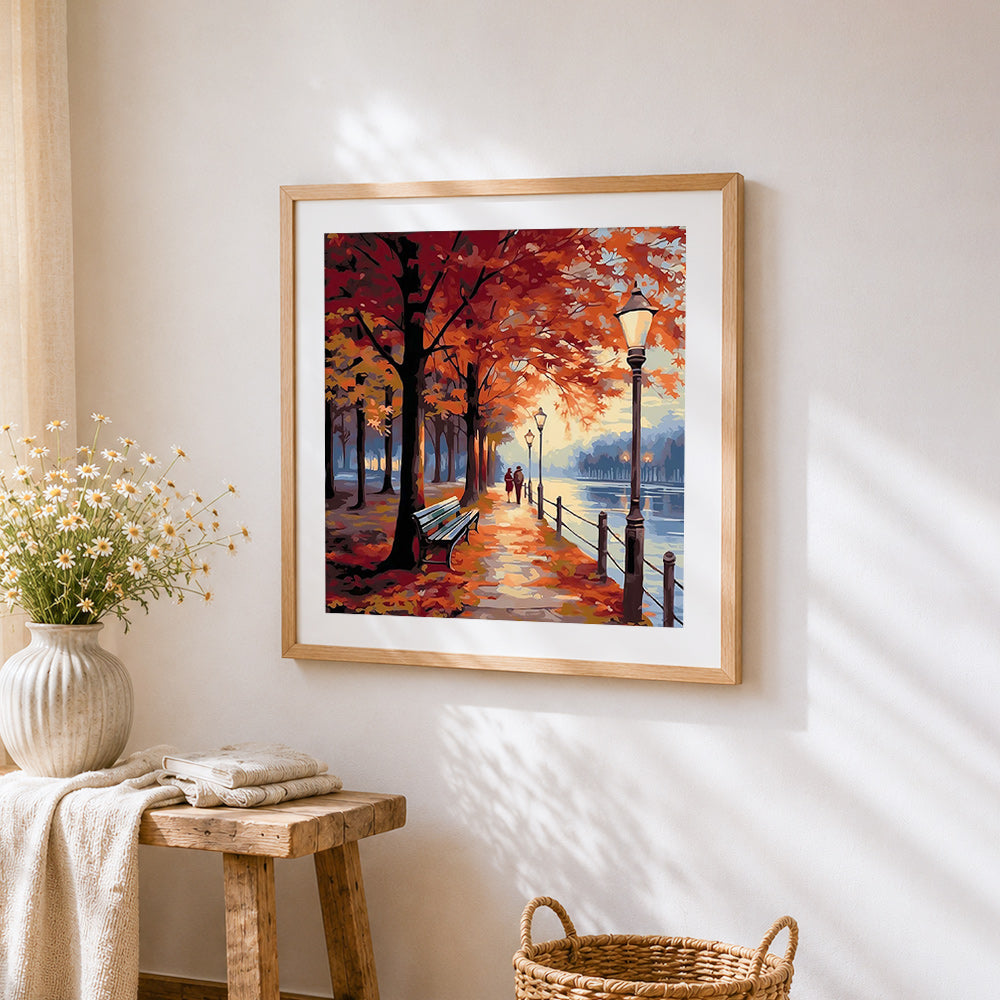 Couple walking in an autumn park cross stitch artwork displayed on wall as home decor
