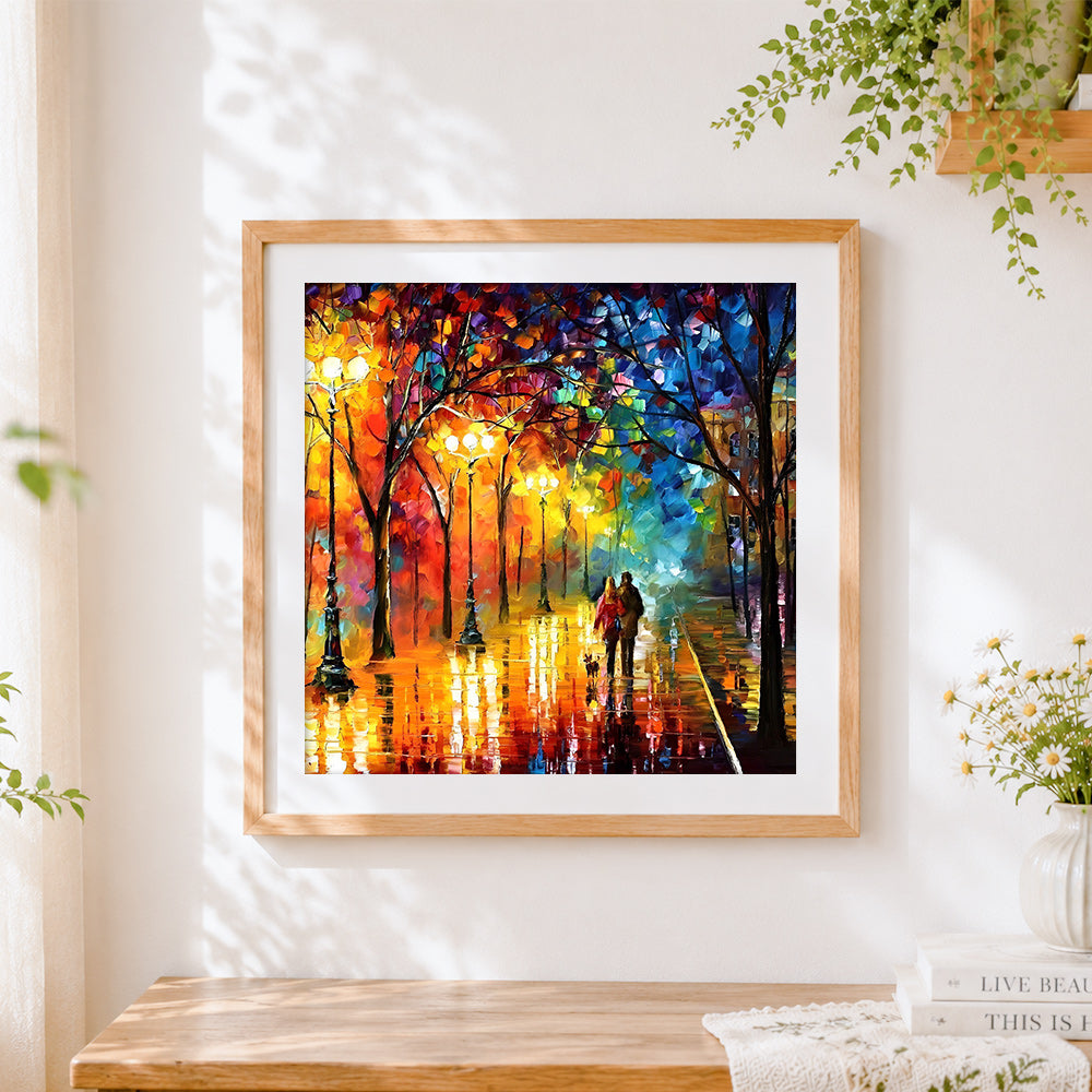 Finished couple walking in the rain at night paint by numbers artwork displayed as home decor