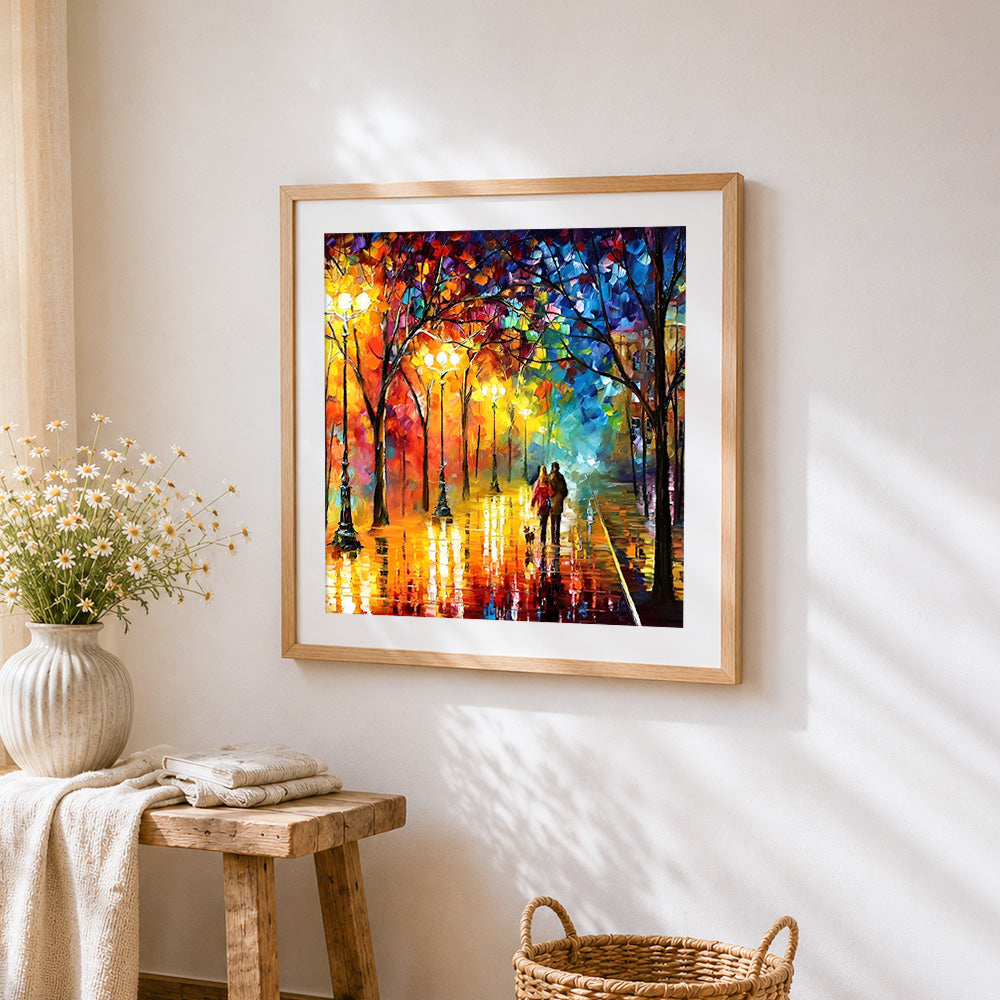 Couple walking in the rain at night paint by numbers artwork displayed on wall as home decor