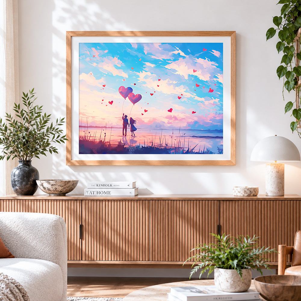 Finished couple with heart balloons at sunset paint by numbers artwork displayed as home decor