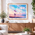 Finished couple with heart balloons at sunset paint by numbers artwork displayed as home decor