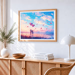 Couple with heart balloons at sunset paint by numbers artwork displayed on wall as home decor