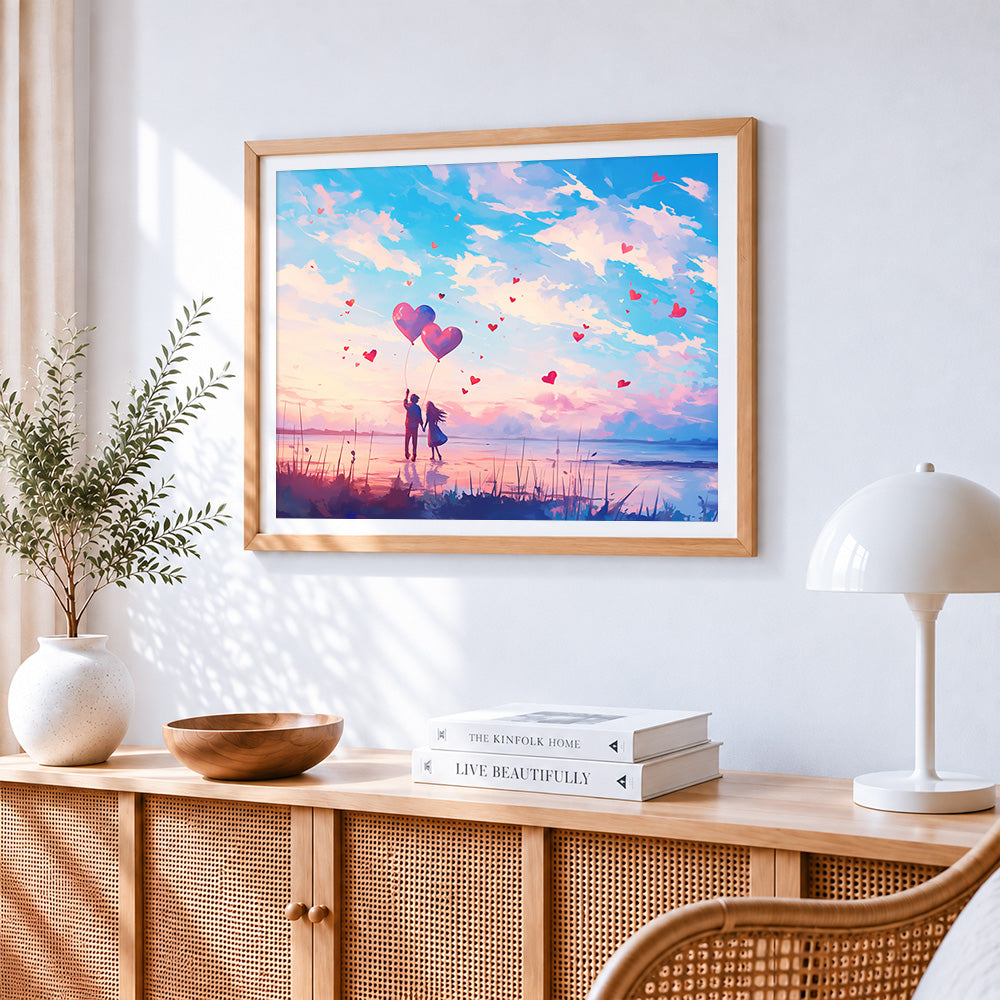 Couple with heart balloons at sunset paint by numbers artwork displayed on wall as home decor