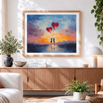 Finished couple with heart balloons paint by numbers artwork displayed as home decor