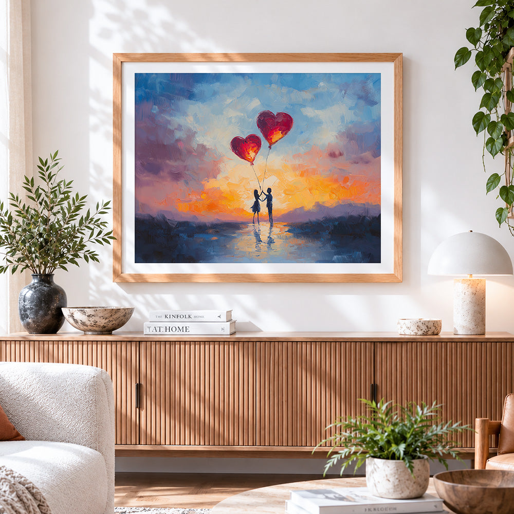Finished couple with heart balloons paint by numbers artwork displayed as home decor