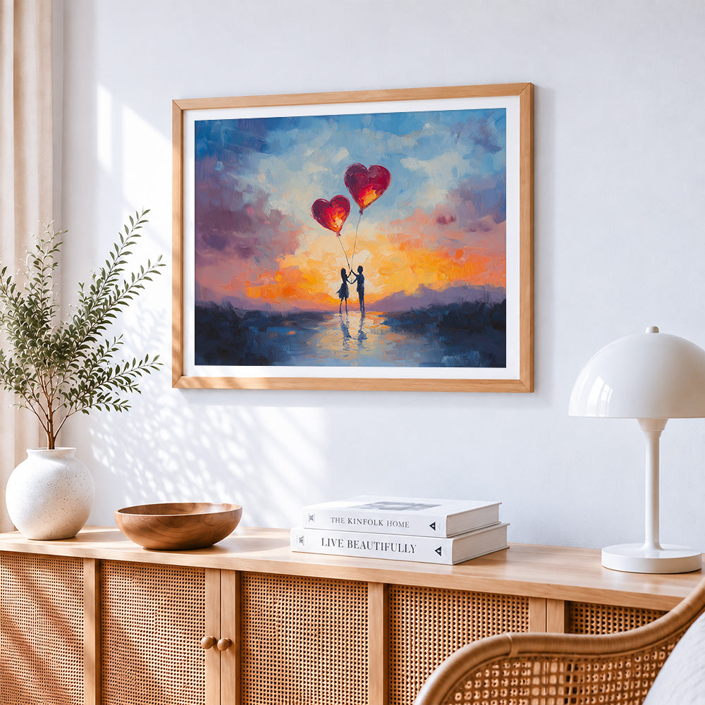 Couple with heart balloons paint by numbers artwork displayed on wall as home decor