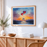 Couple with heart balloons paint by numbers artwork displayed on wall as home decor