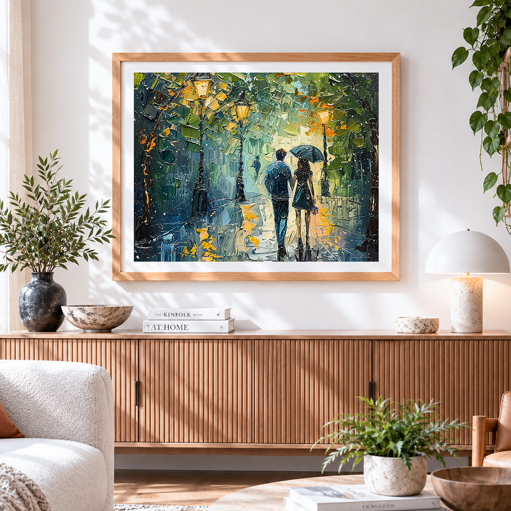Finished couple with umbrellas and streetlights cross stitch artwork displayed