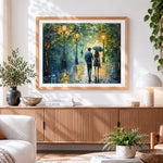 Finished couple with umbrellas and streetlights cross stitch artwork displayed