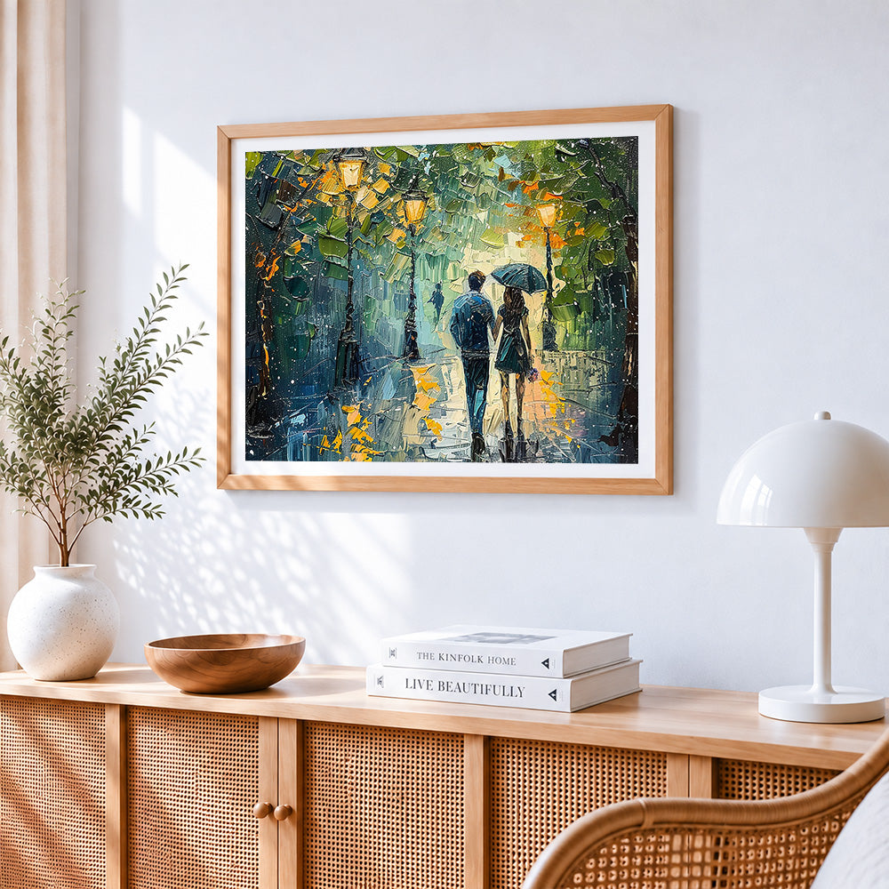 Couple with umbrellas and streetlights cross stitch artwork displayed on wall as home decor