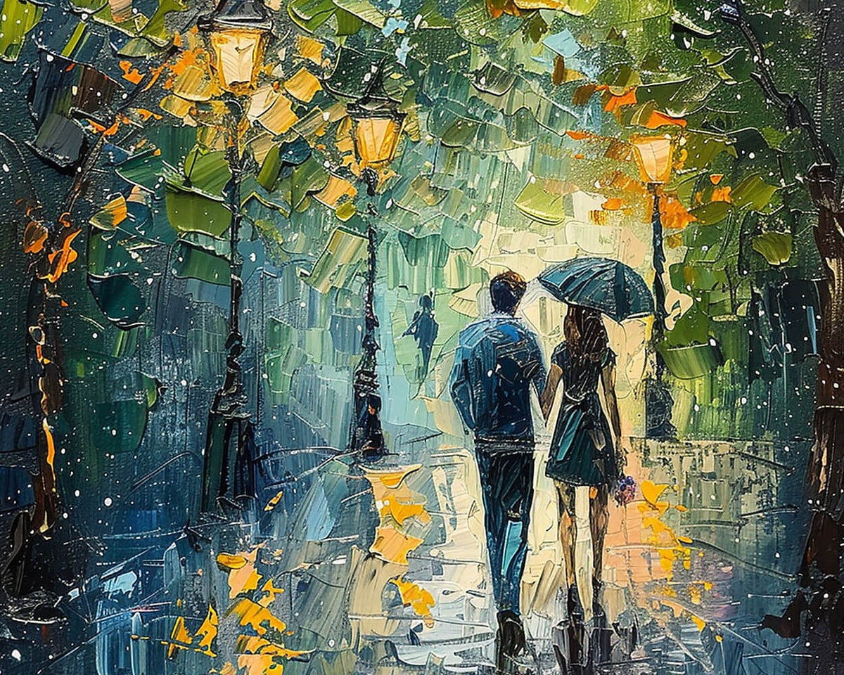 Couple with umbrellas and streetlights paint by numbers kit for beginners