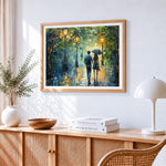 Couple with umbrellas and streetlights paint by numbers artwork displayed on wall as home decor