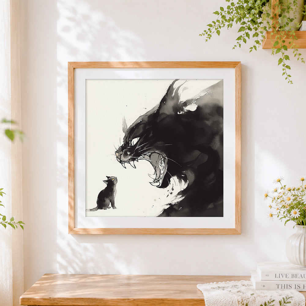 Finished courage cat ink print cross stitch artwork displayed