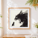 Finished courage cat ink print cross stitch artwork displayed
