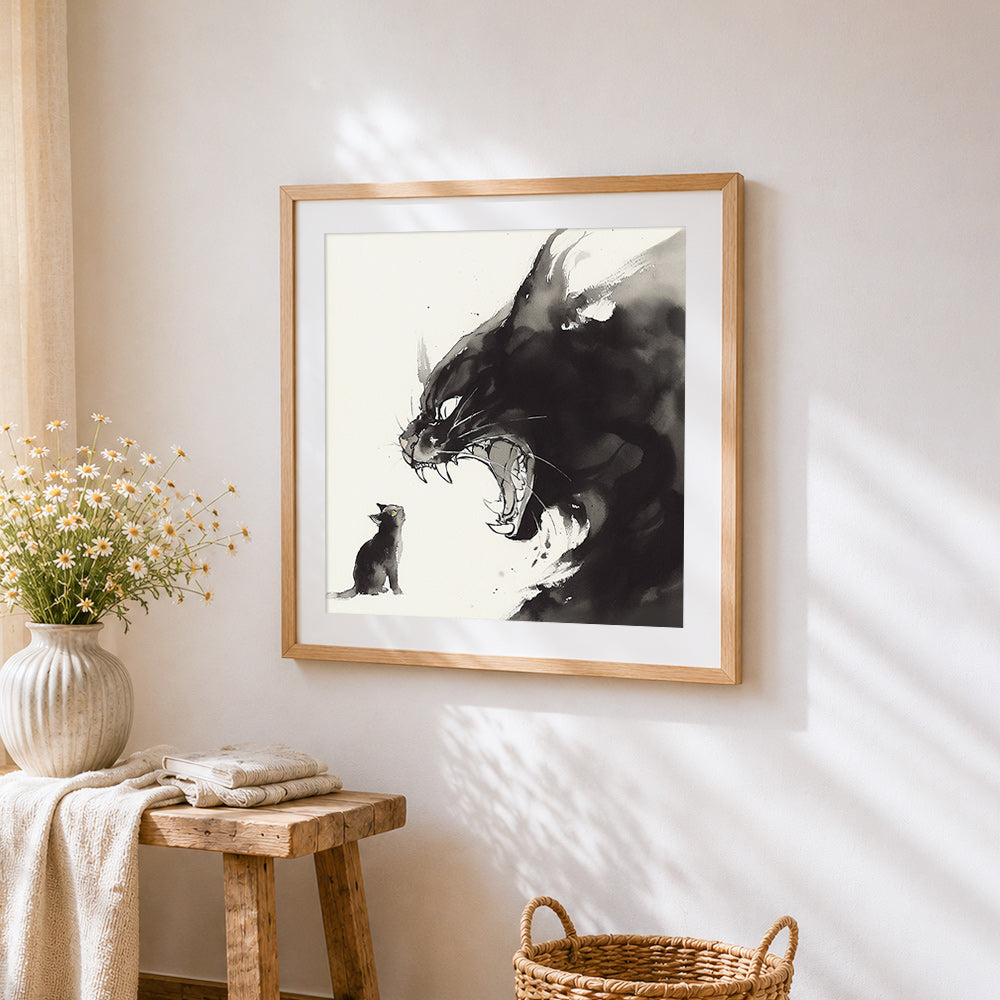 Courage cat ink print cross stitch artwork displayed on wall as home decor