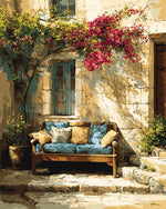 Courtyard sofa and bougainvillea cross stitch kit for beginners
