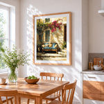 Courtyard sofa and bougainvillea cross stitch artwork displayed on wall as home decor