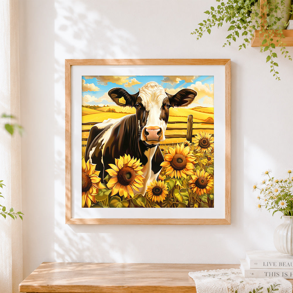Finished cow in a sunflower field cross stitch artwork displayed