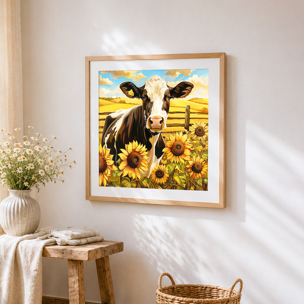 Cow in a sunflower field cross stitch artwork displayed on wall as home decor