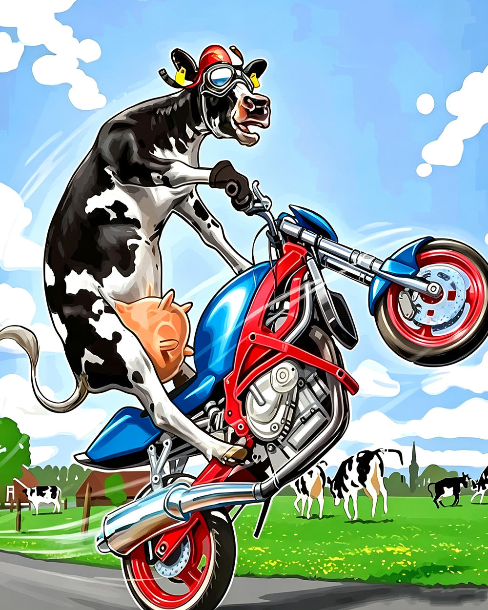 Cow riding a motorbike cross stitch kit for beginners