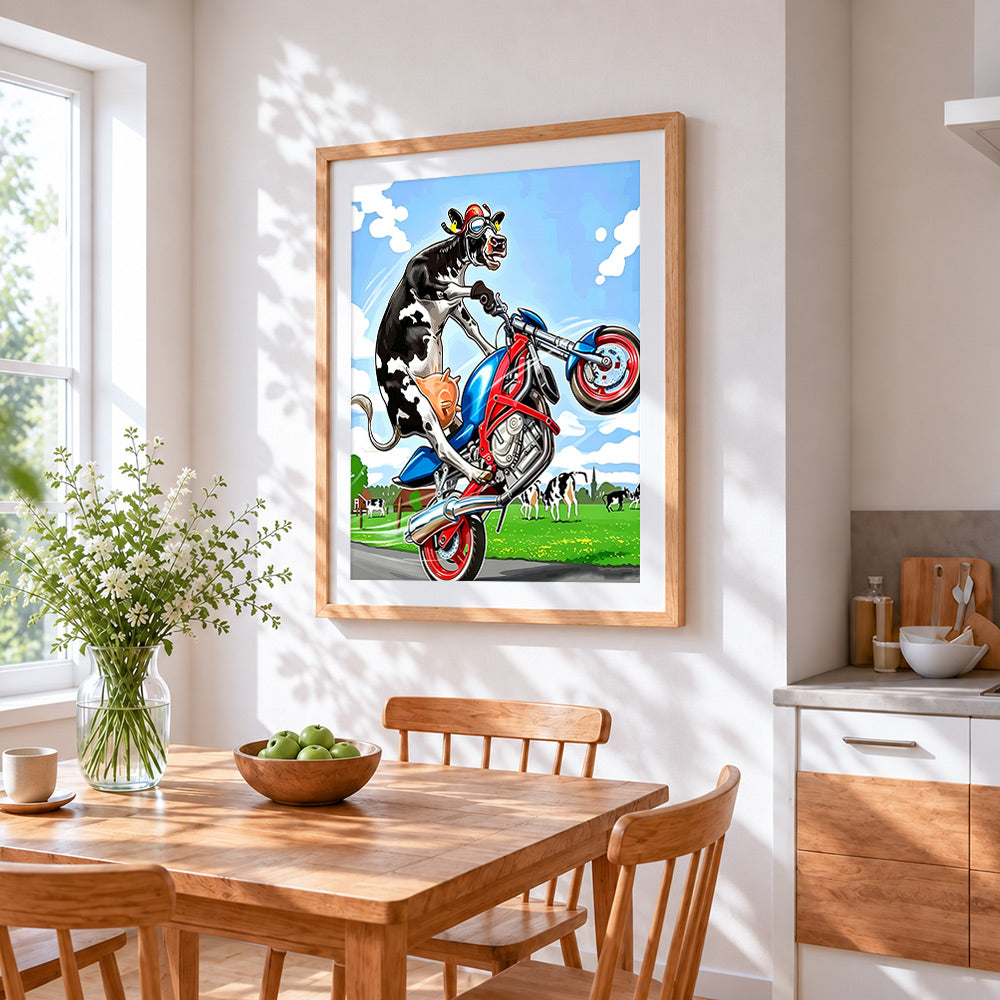 Cow riding a motorbike cross stitch artwork displayed on wall as home decor