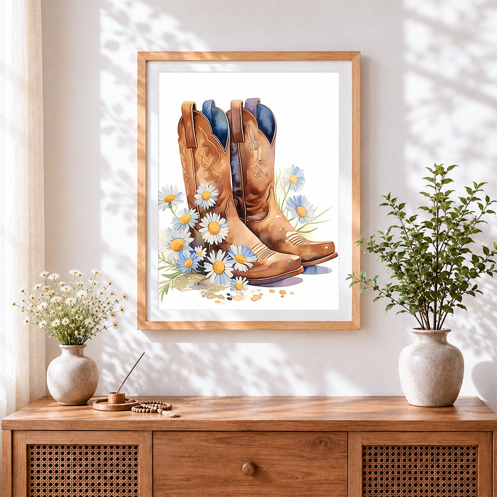 Finished cowboy boots and daisies cross stitch artwork displayed