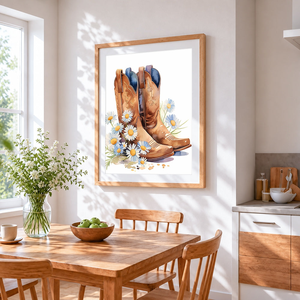 Cowboy boots and daisies cross stitch artwork displayed on wall as home decor