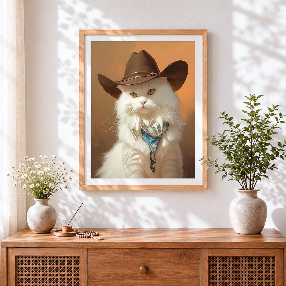 Finished cowboy cat portrait cross stitch artwork displayed
