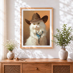 Finished cowboy cat portrait cross stitch artwork displayed