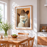 Cowboy cat portrait cross stitch artwork displayed on wall as home decor
