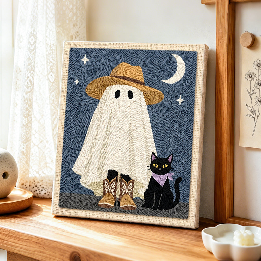 Cowboy ghost and black cat punch needle artwork displayed on a table
