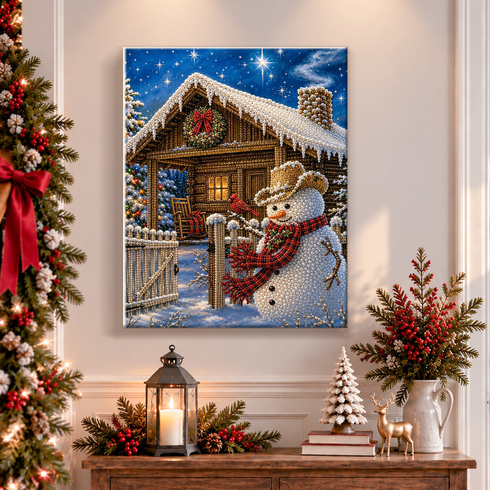 Finished cowboy snowman at log cabin pearl diamond painting artwork displayed as holiday home decor