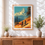 Finished cowboys riding towards snowy mountains cross stitch artwork displayed