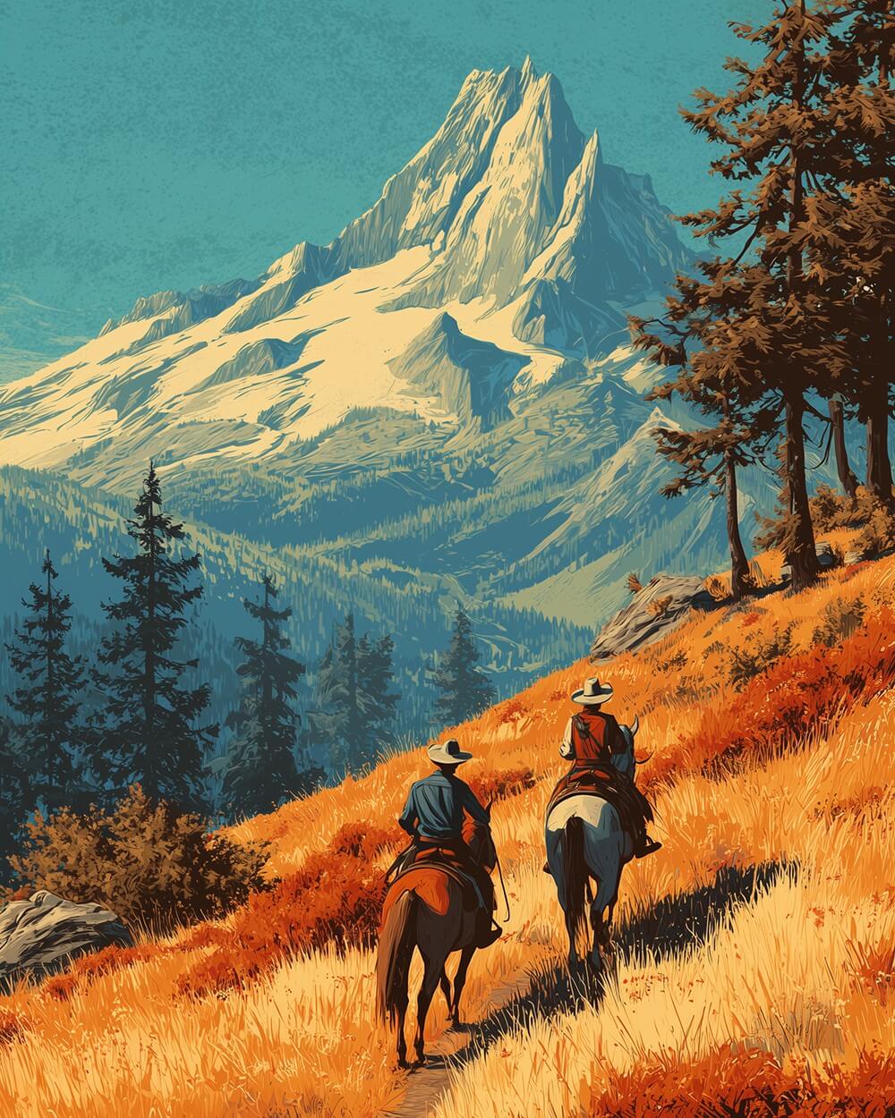 Cowboys riding towards snowy mountains cross stitch kit for beginners