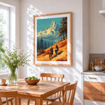 Cowboys riding towards snowy mountains cross stitch artwork displayed on wall as home decor