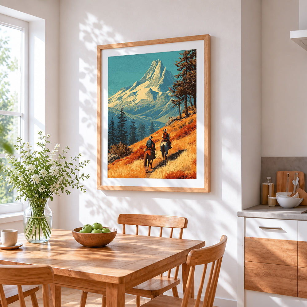Cowboys riding towards snowy mountains cross stitch artwork displayed on wall as home decor