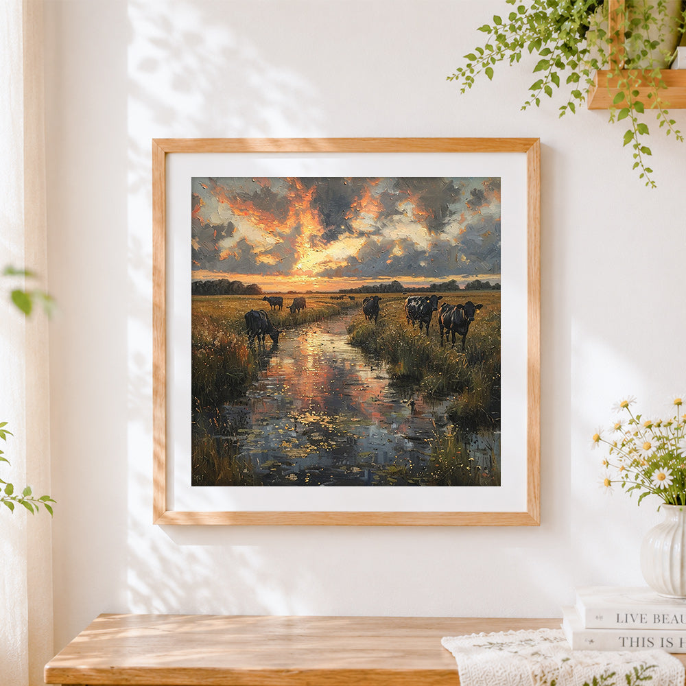Finished cows by a stream at sunset cross stitch artwork displayed
