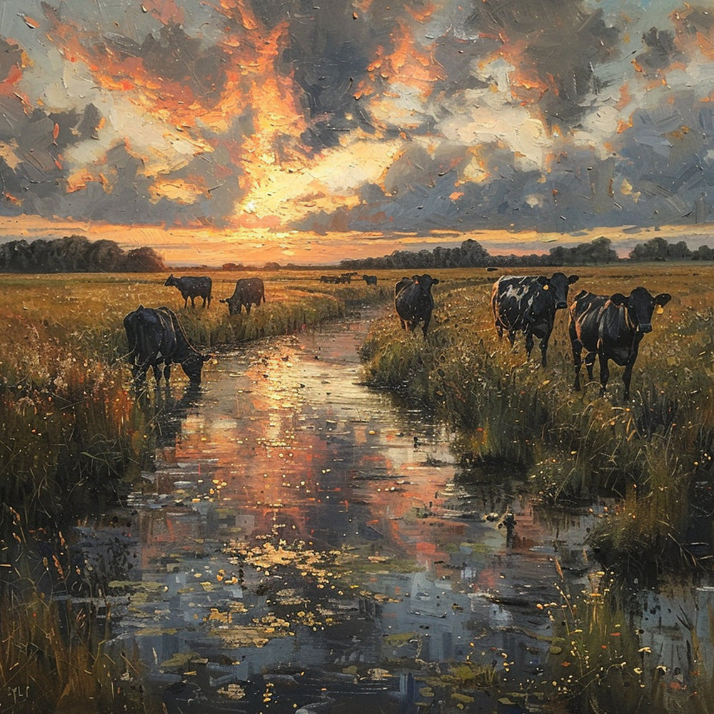 Cows by a stream at sunset cross stitch kit for beginners