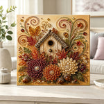 Finished cozy autumn birdhouse pearl diamond painting artwork displayed as home decor