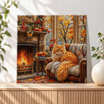 Finished cozy autumn cat by fireplace pearl diamond painting artwork displayed as holiday home decor