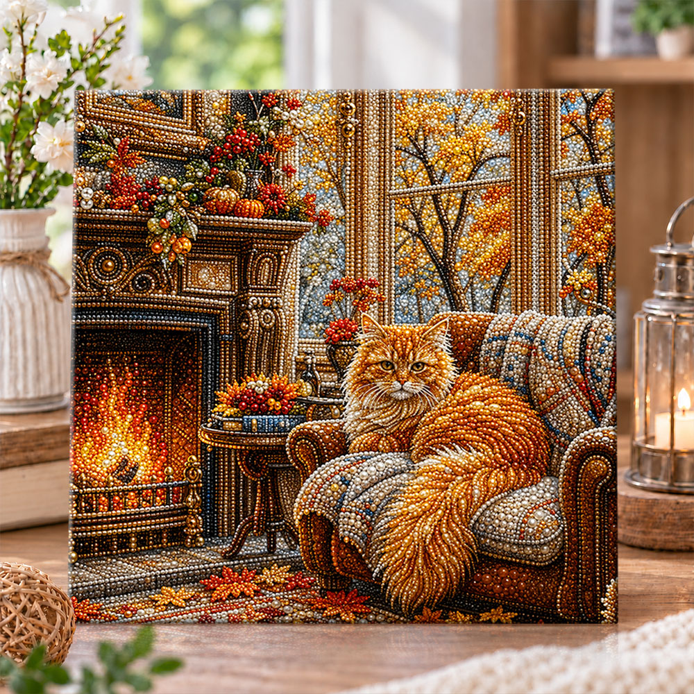Cozy autumn cat by fireplace pearl diamond painting kit for beginners