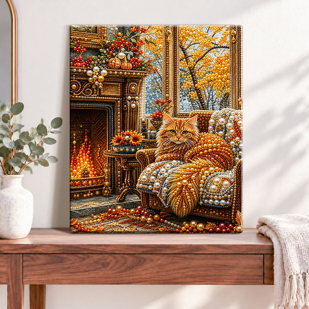 Finished cozy fireplace cat pearl diamond painting artwork displayed as home decor