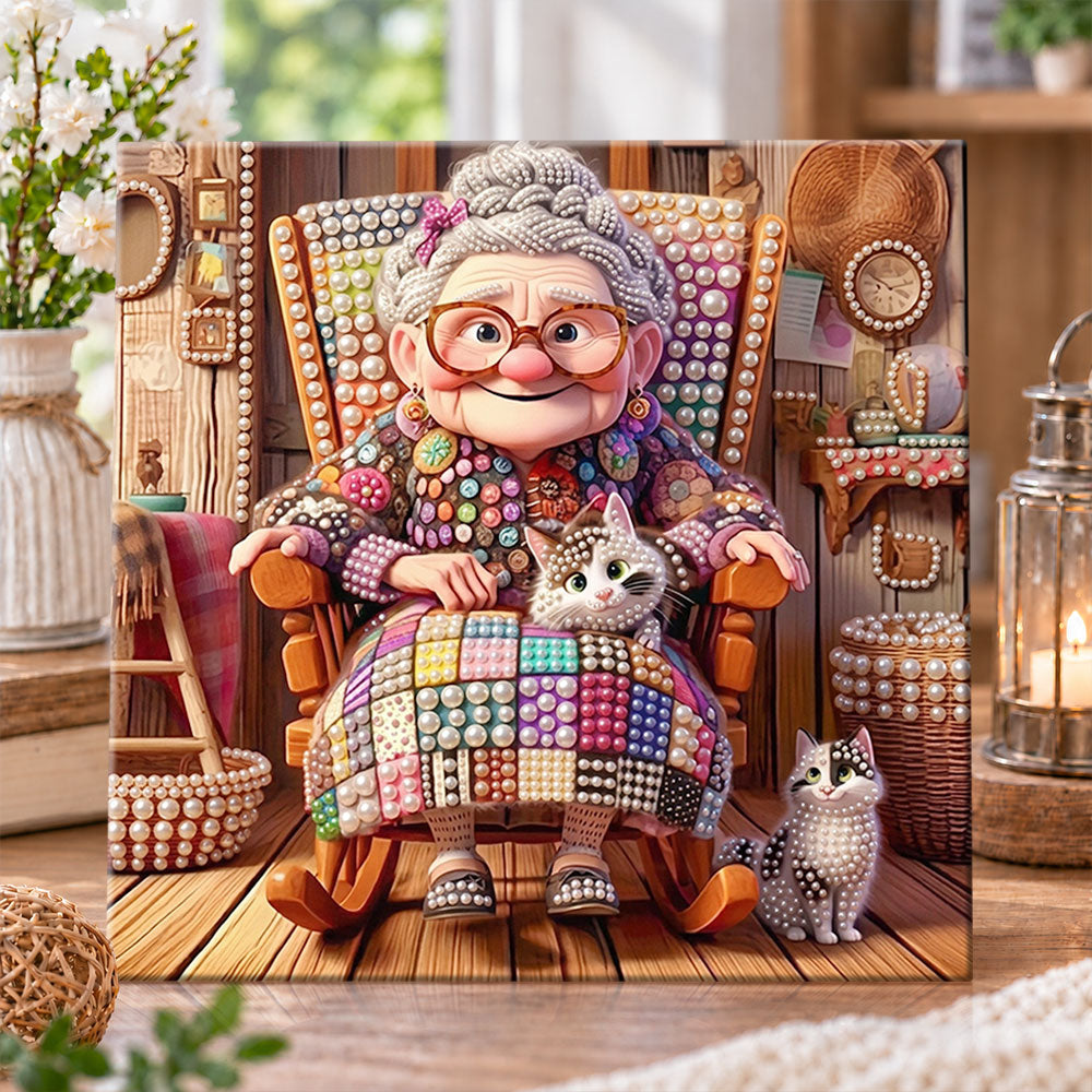 Cozy granny with cats pearl diamond painting kit for beginners