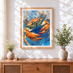 Finished crab in the blue ocean cross stitch artwork displayed