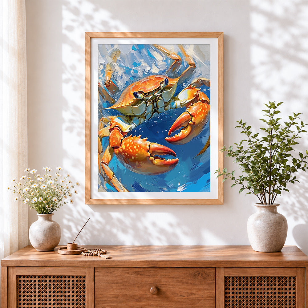 Finished crab in the blue ocean cross stitch artwork displayed
