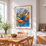 Crab in the blue ocean cross stitch artwork displayed on wall as home decor