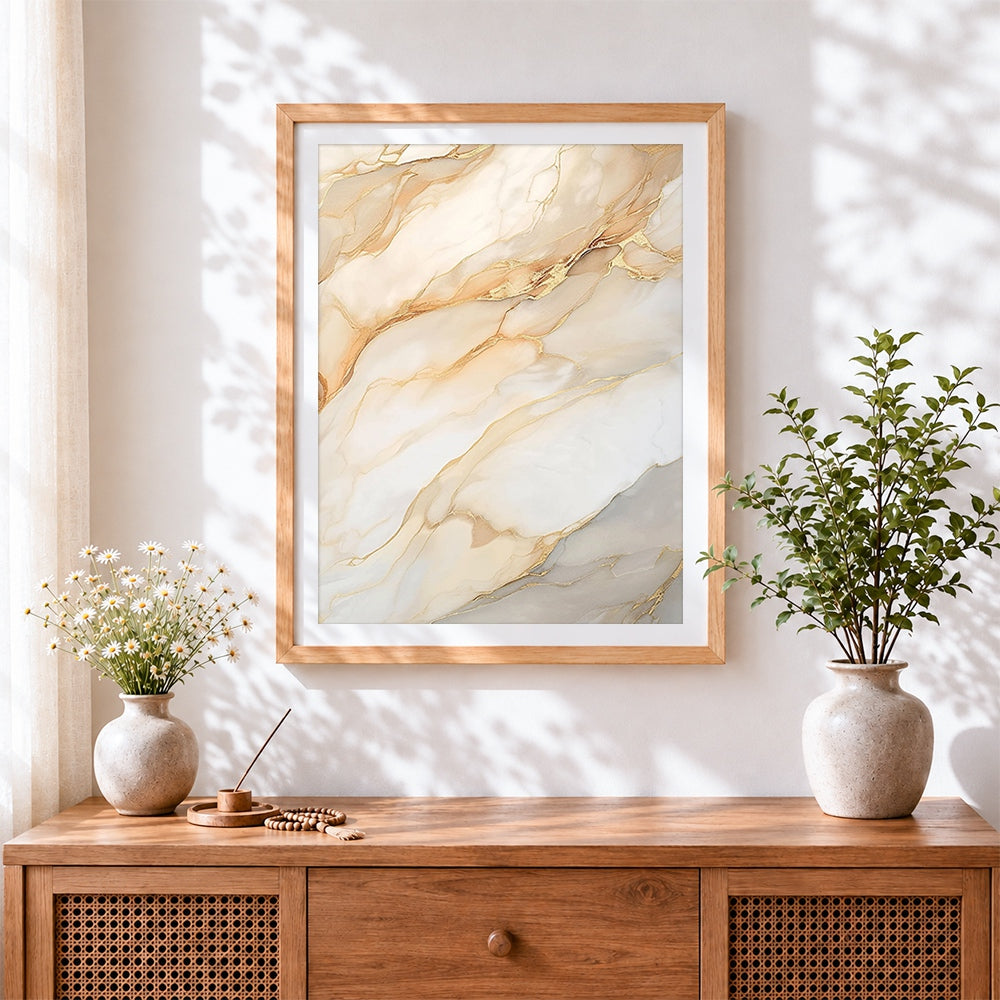 Finished cream and gold marble texture cross stitch artwork displayed