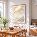 Cream and gold marble texture cross stitch artwork displayed on wall as home decor