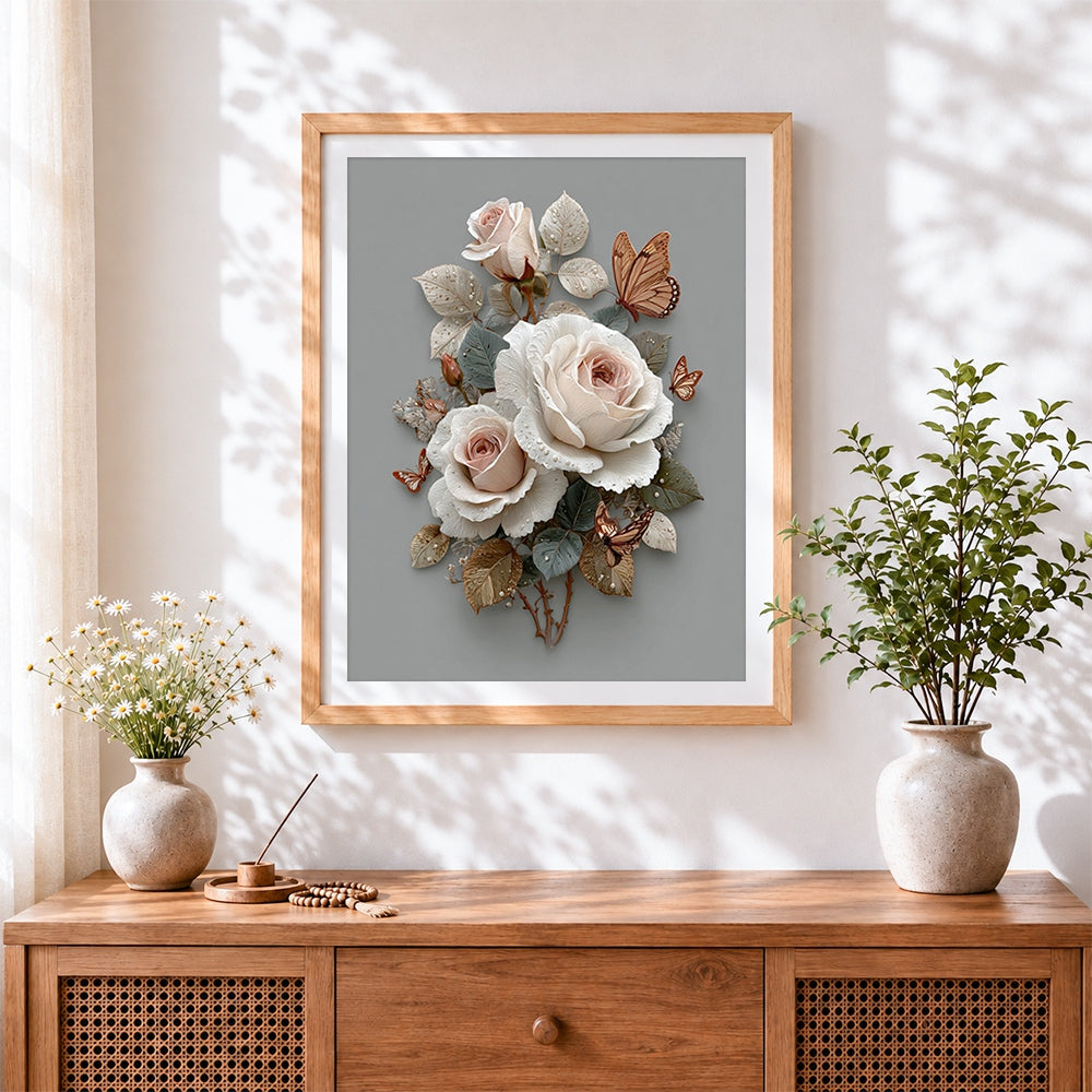 Finished cream roses and butterflies cross stitch artwork displayed
