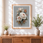 Finished cream roses and butterflies cross stitch artwork displayed